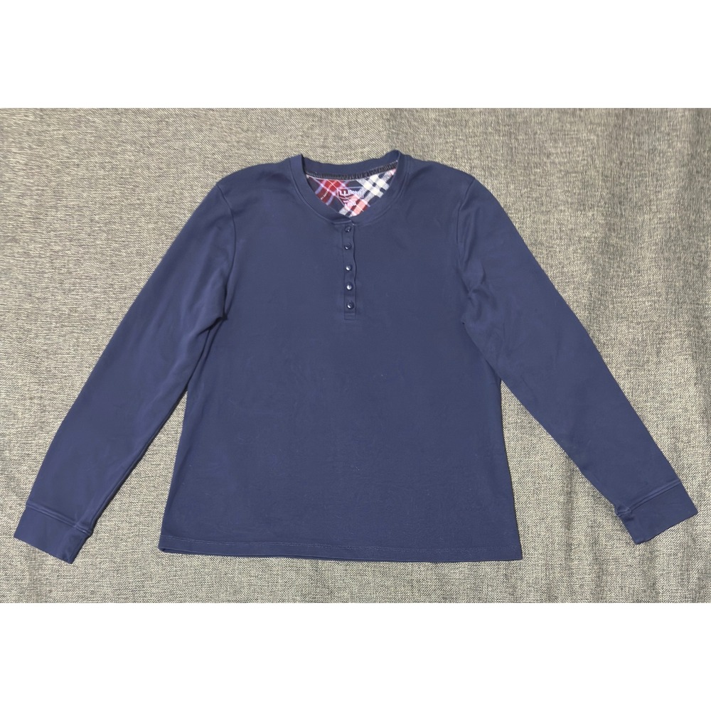 LL Bean Womens L Henley Shirt Navy Blue Cotton Plaid Trim